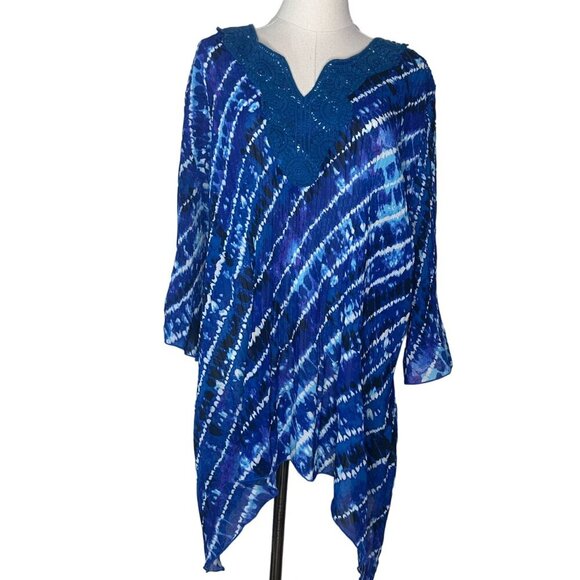 Catherines Blue High Low Tie Die Crochet Top Womens 2XP Boho Comfy Flowy Gauzy - Picture 1 of 5